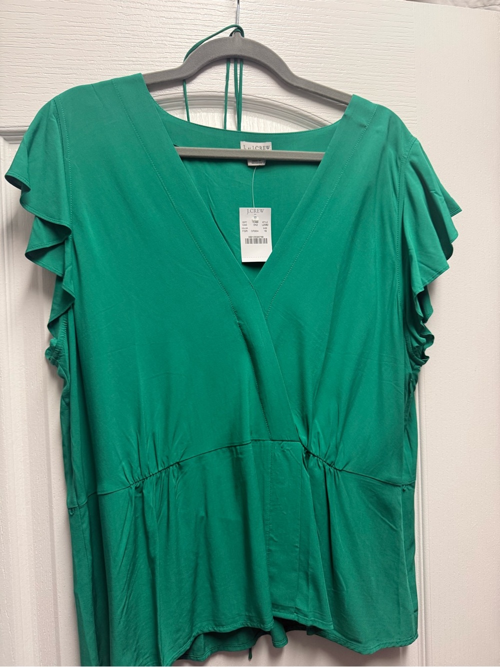 J. Crew Emerald Green Ruffle Sleeve V-Neck Wrap Top